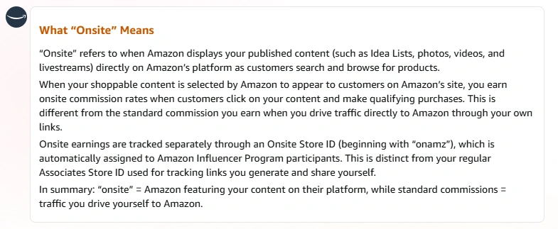Amazon Associates 后台 Creator Assistant 对 Onsite 的解释
