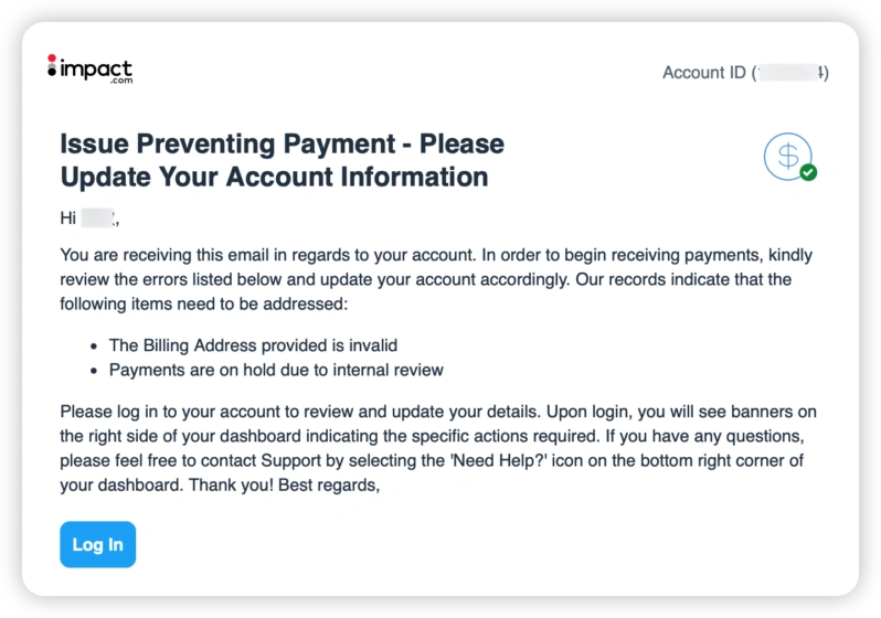 Impact 付款失败通知 - Issue Preventing Payment - Please Update Your Account Information