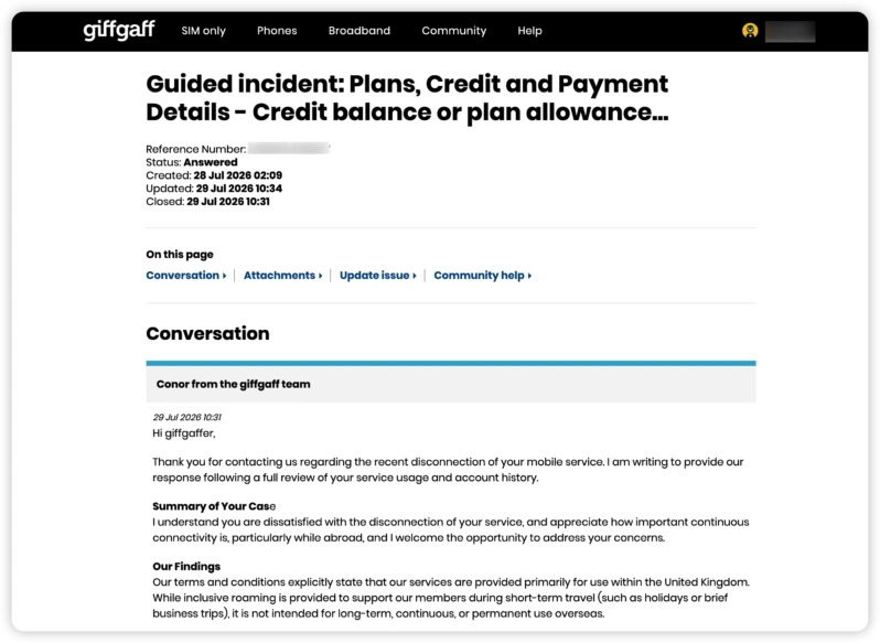 giffgaff 工单反馈，拒绝退款