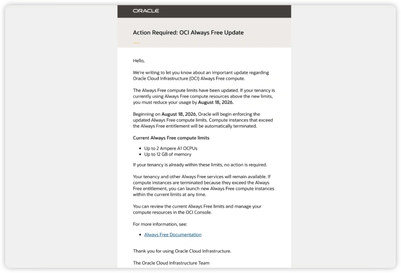 甲骨文“腰斩”免费 ARM 服务器配置的通知邮件